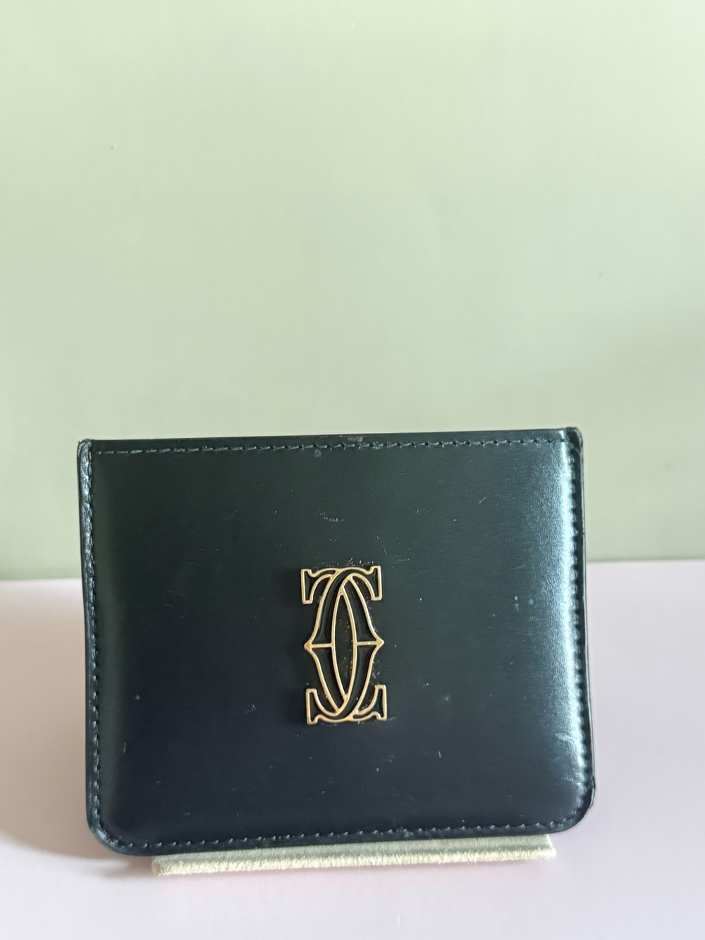 Cartier Black Leather Double C Logo Card Holder Gold Tone